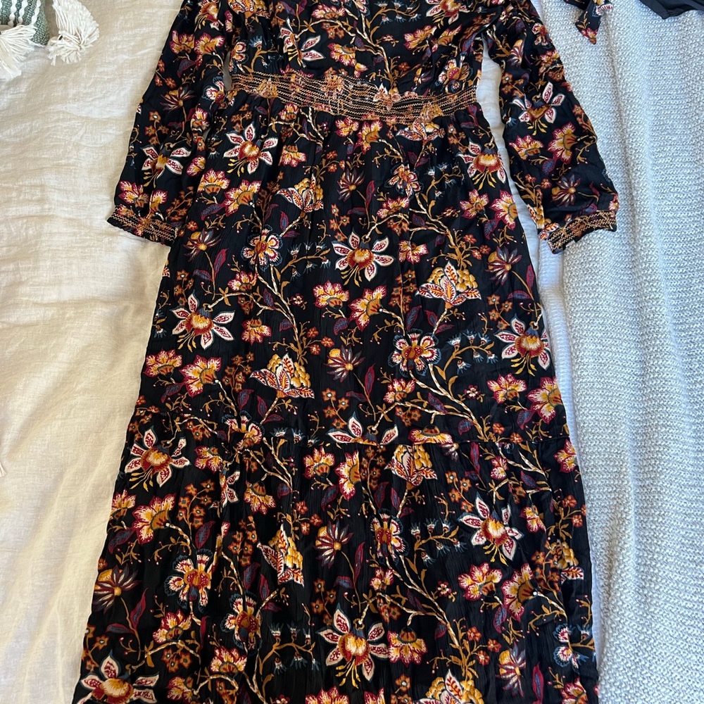 Garnet Hill Black Maxi Dress with Gold & Burgundy Floral Print